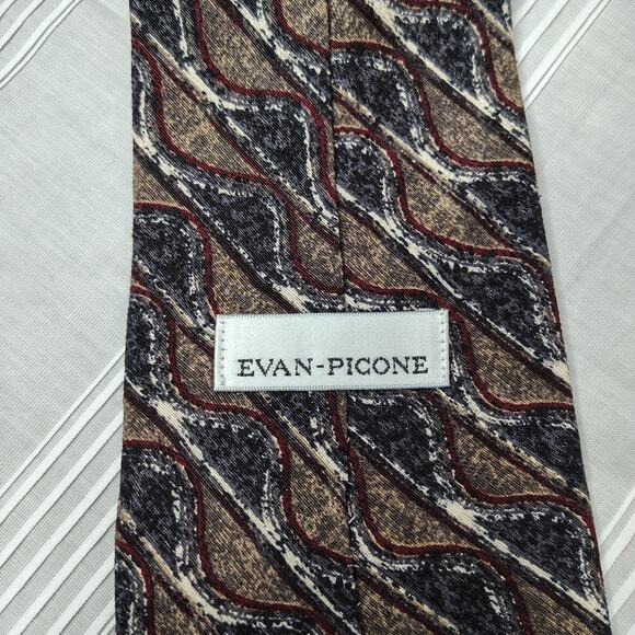 Evan Picone 100% Silk Mens Tie Necktie Blue Brown Geometric Waves Classic Length - Picture 5 of 8